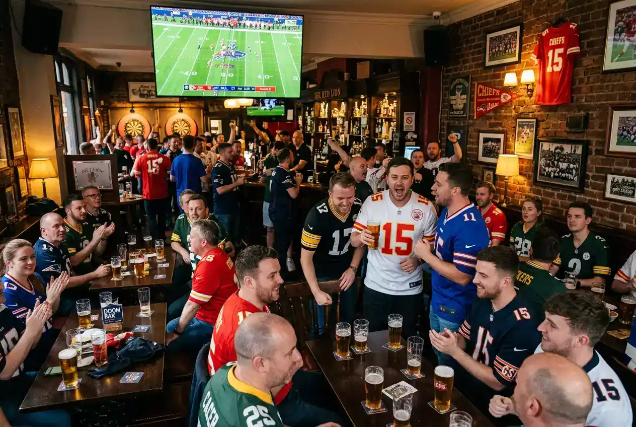 NFL fans watching American football at a UK pub during a London game